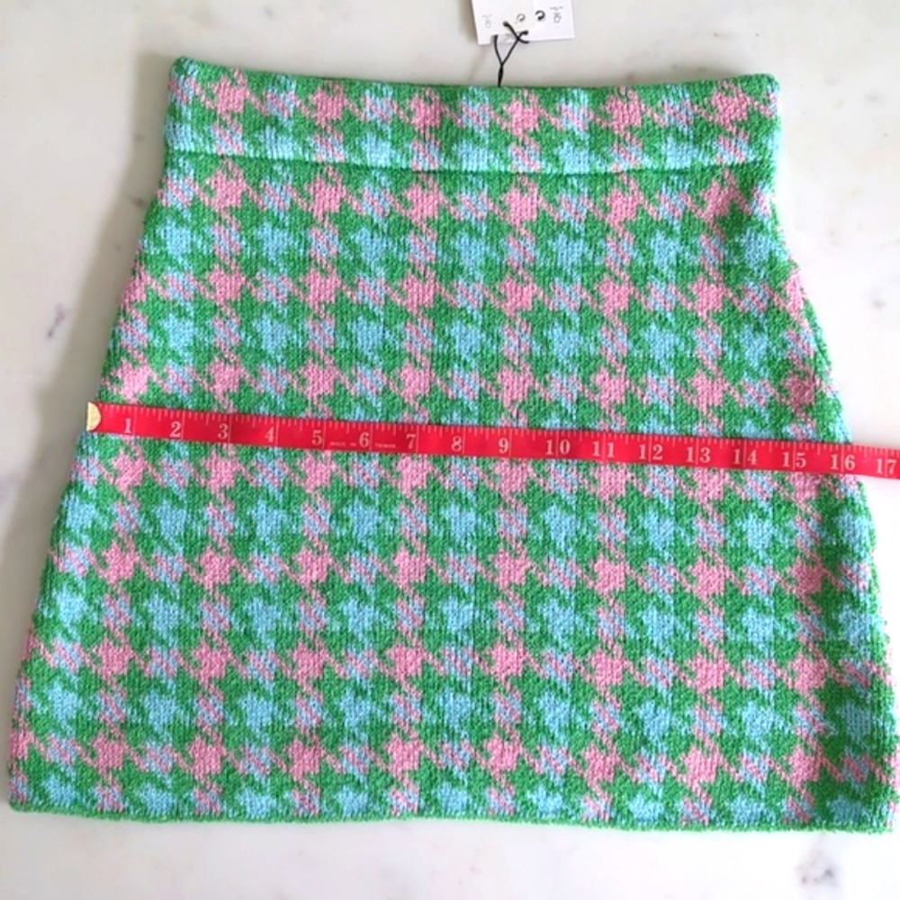 ZARA Houndstooth Knit Crop Cardigan & Skirt Set 2 pc S pink green mini skirt - Picture 9 of 13